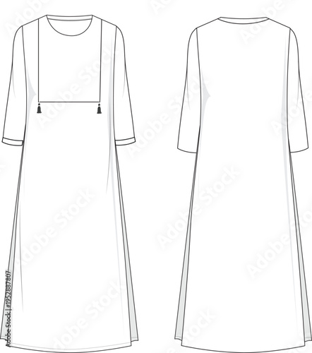 A decorative tassel placket midi dress fashion flat sketch for bohemian style.