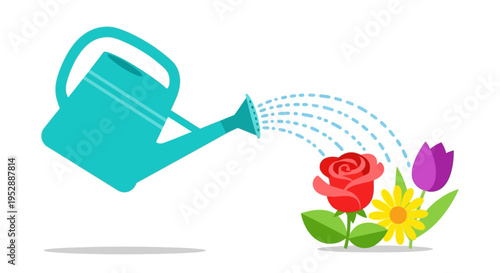 Watering Can Pouring Water on Colorful Flowers