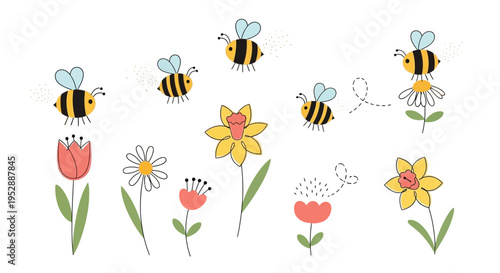 Cute Cartoon Bees and Spring Flowers Collection on White Background