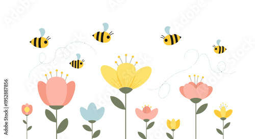 Cute cartoon bees flying around colorful spring flowers, isolated on white background