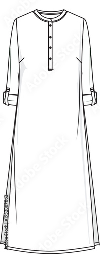 A front view flat sketch of a midi dress with rolled-up three-quarter sleeves.