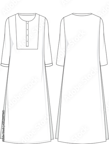 A round neck midi dress flat sketch with a prominent rectangular placket.