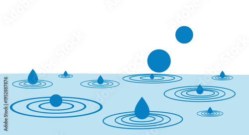 Blue water drops falling, creating ripples on a light blue surface