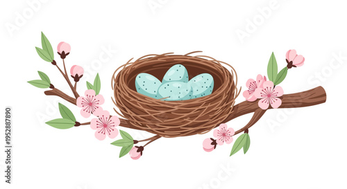 Bird's Nest with Blue Eggs on Spring Blossom Branch