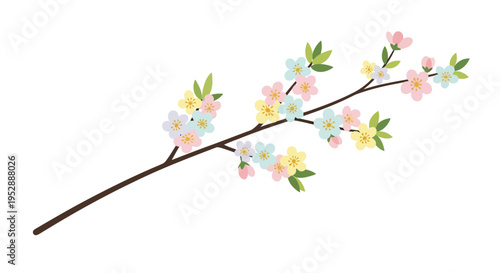 Spring Blossom Branch with Pastel Flowers and Green Leaves on White Background