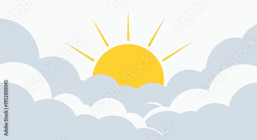 Bright Sun Rising Through Soft Clouds, Morning Sky, Sunrise Illustration