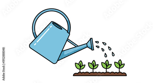 Watering Can Pouring Water on Young Seedlings Growing in Soil