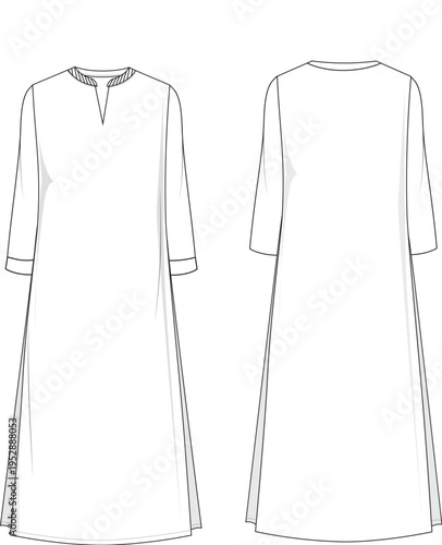 A clean technical flat sketch depicts an A-line dress featuring an ornate V-neckline design.