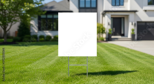 A blank white square yard sign standing on a manicured green lawn in front of a modern house home
