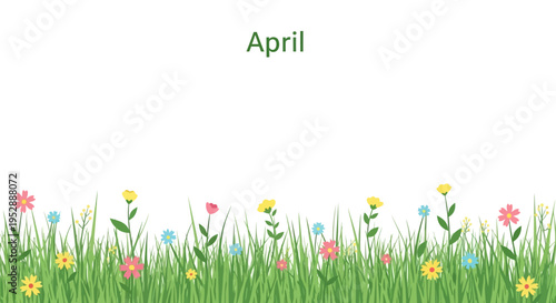 April Spring Meadow with Colorful Wildflowers and Green Grass