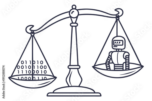 A scale with binary code on one side and a robot on the other