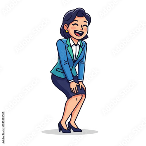 Joyful businesswoman cartoon character heartily laughing with a happy and positive expression, symbolizing success, team spirit, and a pleasant work environment in a professional setting