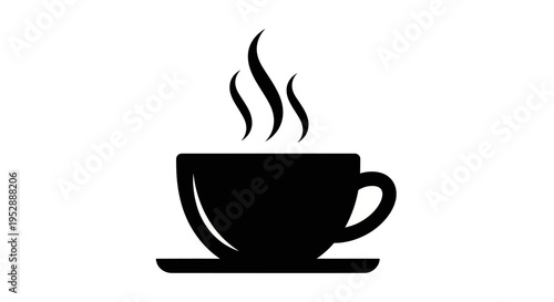 Black silhouette of a steaming cup of coffee on a saucer