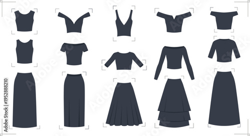 Women Outfit Silhouette Set with Crop Tops and Skirts, Minimal Fashion Collection Illustration