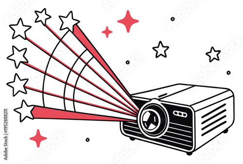 A projector with red beams and stars