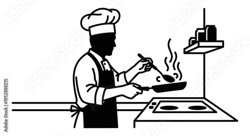 Black and white illustration of a chef cooking on a stove
