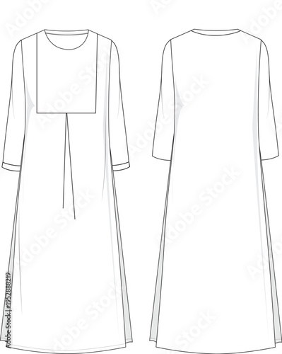 This technical flat sketch shows an A-line dress with a round neck and a square yoke with gathers.