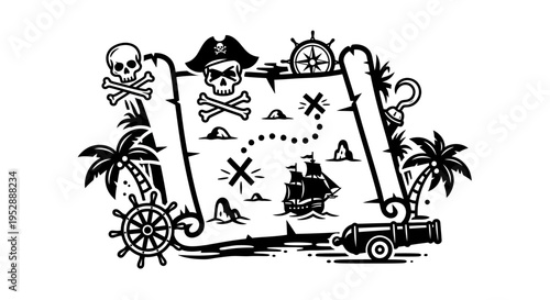 Pirate treasure map with skull and crossbones