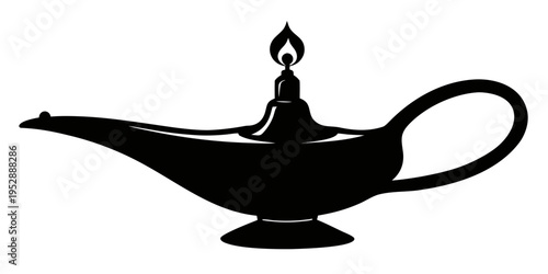 Simple black silhouette of a traditional oil lamp with a flickering flame on a white background. oil lamp silhouette vector illustration.