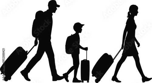 Silhouette of family with father, mother and son walking with suitcases for travel and tourism