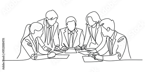 Continuous Line Drawing of Business Team in Meeting
