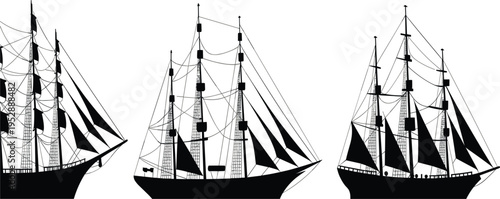 Silhouette of old sailing ship vector set, vintage wooden ocean boat collection for nautical travel design