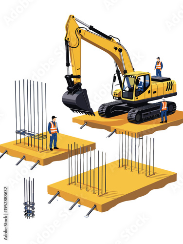 Yellow hydraulic excavator working on construction site with workers in safety vests near steel reinforcement bars and concrete foundations for heavy industrial building project development.