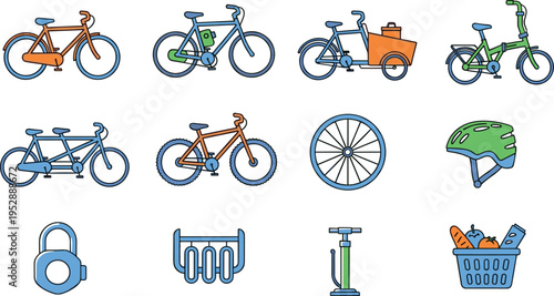 Vector illustration set of bicycle icons including mountain bikes tandem electric cycles and essential cycling accessories like helmets locks pumps and grocery baskets on white