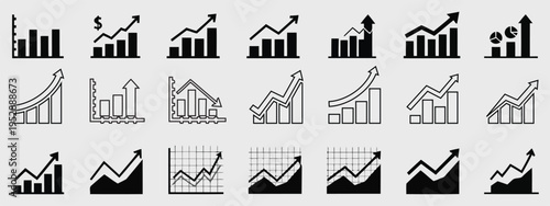 Growing graph set. Business chart with arrow. Growths chart collection. Profit growing sumbol. Progress bar. Bar diagram.  Diagram of increasing and decreasing profits. Growth success arrow icon.