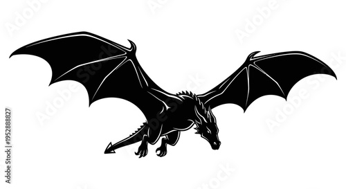 Majestic Dragon in Flight: A powerful dragon soars through the sky, its wings spread wide, embodying strength and fantasy.  A silhouette, a dark figure against the light.