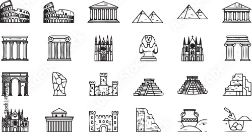 Black and white illustrations of famous landmarks and ancient structures