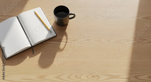 An open notebook with a yellow pencil and a black coffee mug resting on a light wooden desk surface