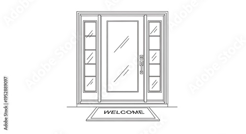 Modern front door with sidelights and welcome mat outside entrance