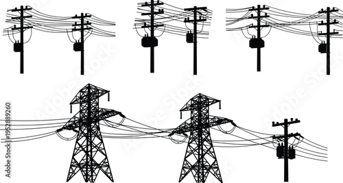 Electric power transmission tower and utility pole silhouette set, high voltage cable line, energy grid infrastructure, industrial electricity distribution vector.