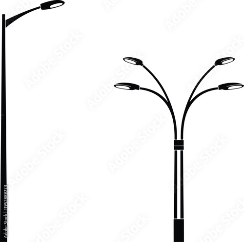 Modern street light post silhouette set, urban outdoor lamp pole, city lighting infrastructure, park lamp vector, electrical lantern, road illumination.