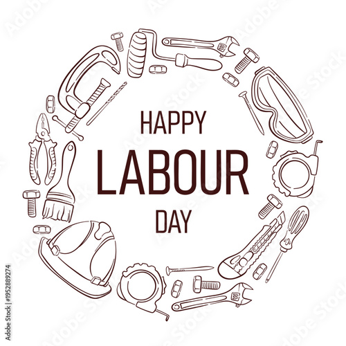 Happy Labour Day greeting card with line art style repair tools. Minimal illustration background for poster, banner and celebration design.
