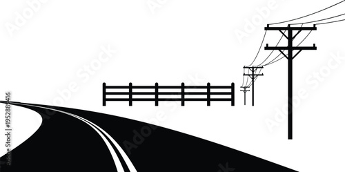 Black and white silhouette of a winding asphalt road with a farm fence and power lines under a clear sky.