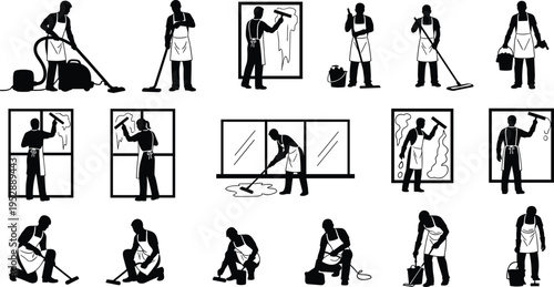 Cleaning service worker silhouettes set, janitor vacuuming mopping window cleaning and floor washing icons, professional housekeeping vector illustration collection