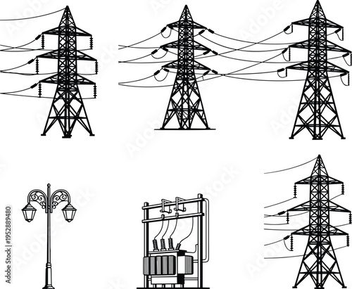 High Voltage Transmission Tower Silhouettes and Electrical Substation Vector Set Featuring Power Lines Electric Transformers and Vintage Street Light Lamp Post