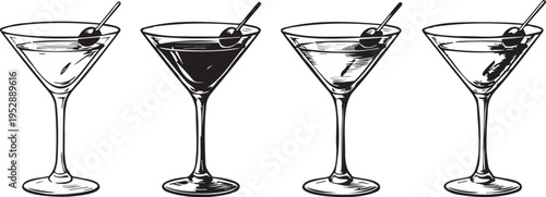 Four martini glasses with cherries and different liquids