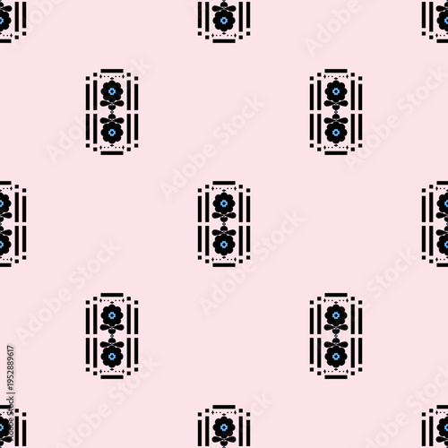 Geometric flower in black and blue with black bold frame on pink background. Flower geometric modern seamless pattern. Vector art, luxury, elegant, abstract design, floral, minimal, stylist concept fo