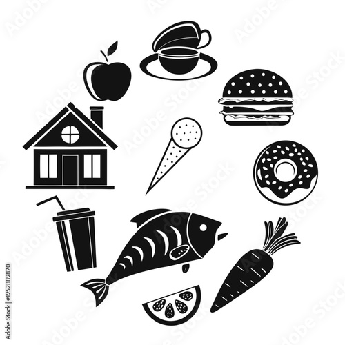 Minimalist black and white vector icon set featuring home with various food items like burger donut apple fish carrot ice cream and cup on white
