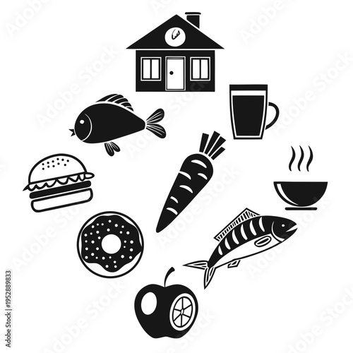 Healthy and unhealthy food choices arranged around a house symbol, including fish apple carrot burger donut and drinks.
