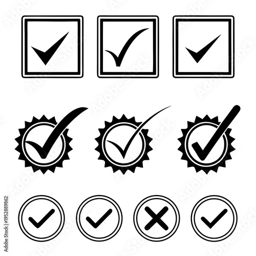 Set of black check mark and x mark icons in squares, circles, and starburst shapes, isolated on white background, vector illustration