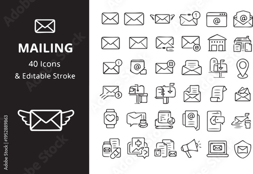 Mailing icons set with 40 editable stroke designs for email and communication needs