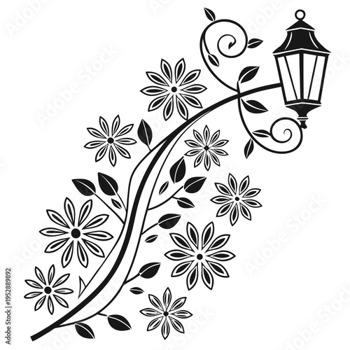 Ornate vintage street lamp post with blooming flowers and swirling vines, elegant decorative outdoor lighting element