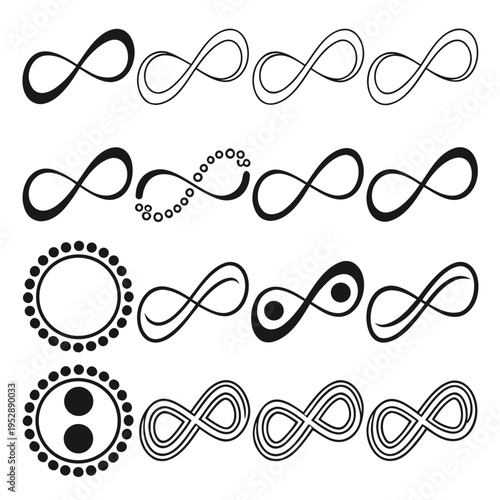 Infinity symbol variations and abstract circle patterns in black and white for graphic design and conceptual art