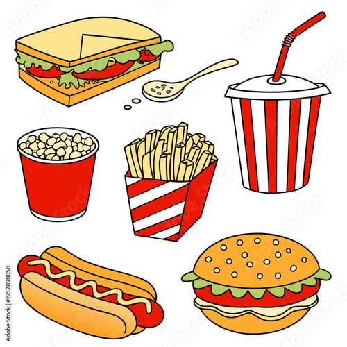 Doodle style fast food collection with club sandwich large burger spicy hot dog box of french fries popcorn bucket and soda cup with flexible straw