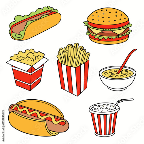 Set of fast food snacks including a double cheeseburger hot dog with lettuce popcorn in a striped box and a bowl of cornflakes with milk and spoon