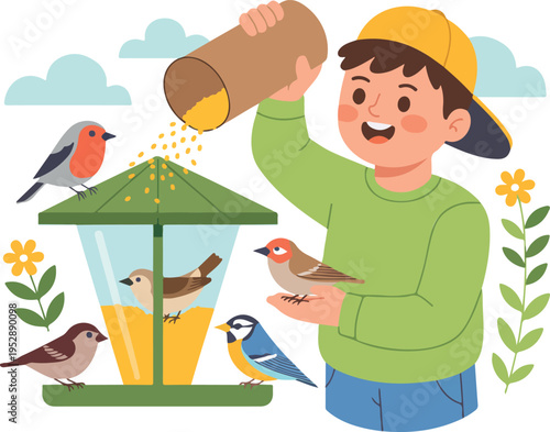 Happy child feeding birds at garden feeder colorful flat vector illustration nature wildlife care outdoor activity scene